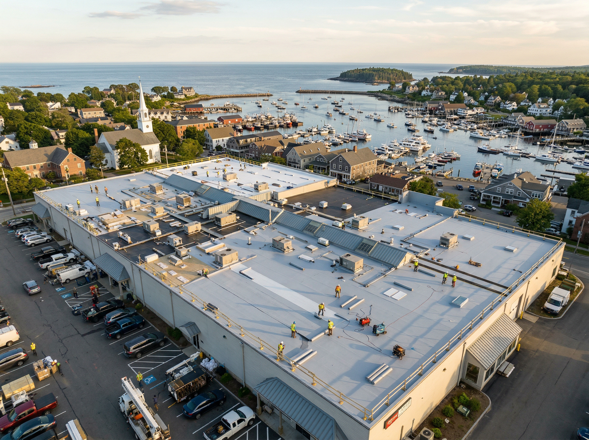 Aerial view of a commercial roofing project in a Maine coastal town